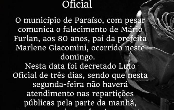 Paraíso decreta luto de três dias por morte de pai da prefeita, Marlene Giacomini