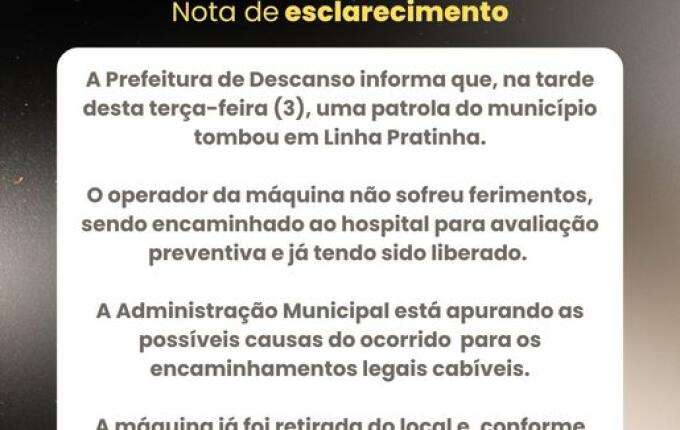 Patrola da prefeitura tomba em estrada do interior de Descanso