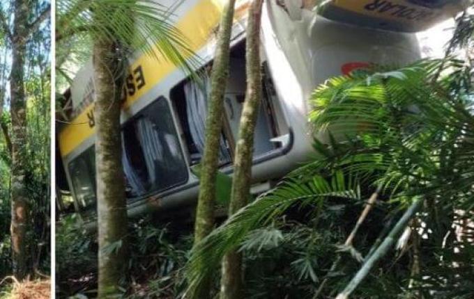 Micro-ônibus com 13 crianças perde freios, capota e cai em ribanceira em SC