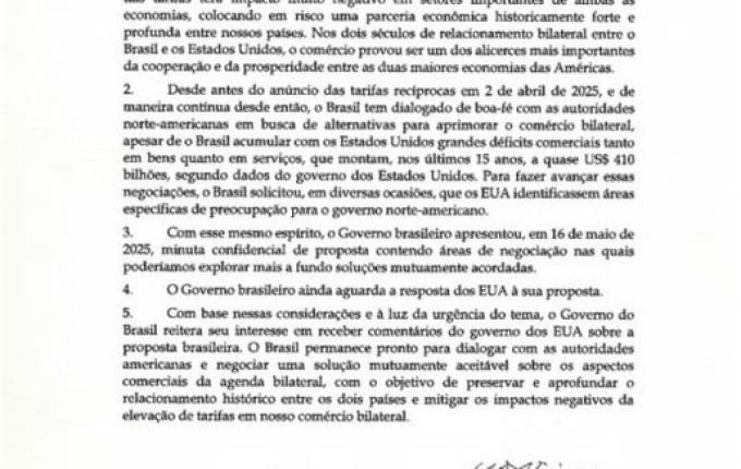 Brasil responde carta enviada por Trump sobre tarifa de 50% nas exportações aos EUA
