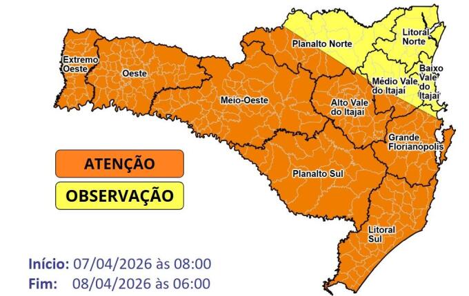 Temporais com ventos acima de 70 km/h atingem SC a partir desta terça, alerta Defesa Civil