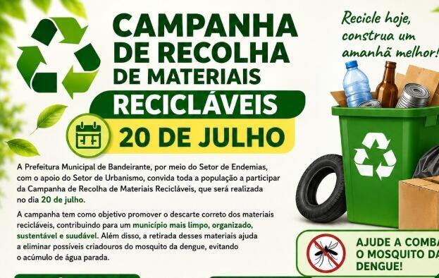 Prefeitura de Bandeirante promove campanha de coleta de recicláveis no dia 20