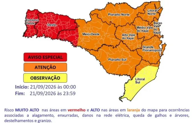 Extremo-Oeste tem risco muito alto para temporais com vendaval nesta segunda