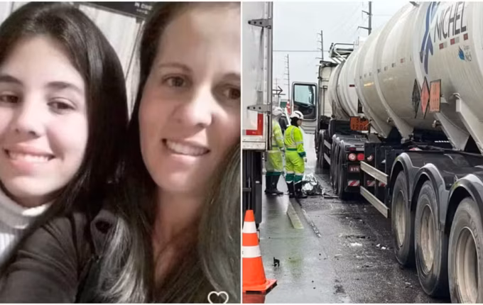 Mãe e filha em motocicleta morrem em acidente com dois caminhões na BR-101 em Itajaí