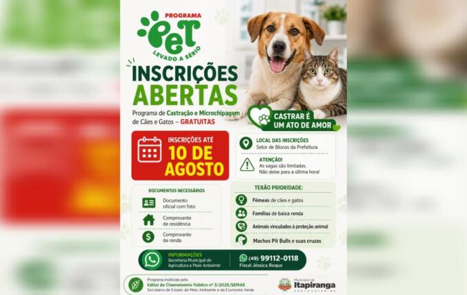 Itapiranga recebe mais de R$ 70 mil para quase 400 castrações de animais