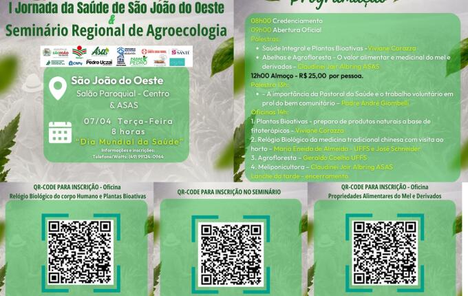 São João do Oeste terá Jornada da Saúde e Seminário de Agroecologia no Dia Mundial da Saúde