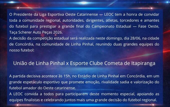 Pinhal de Concórdia e Cometa de Itapiranga decidem título da Fase Oeste neste domingo
