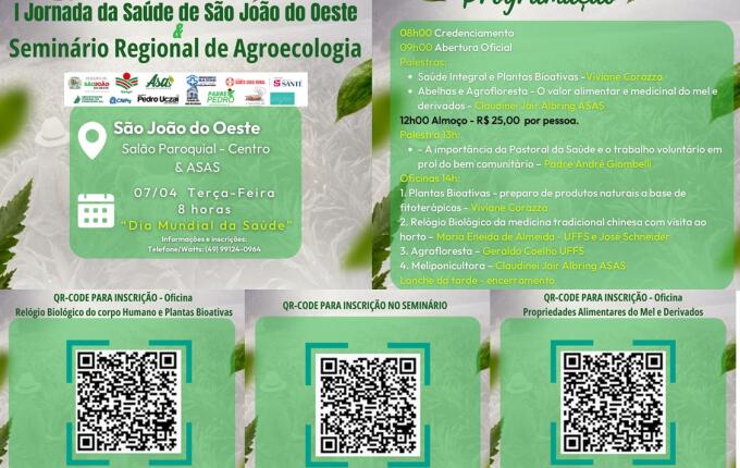 São João do Oeste terá Jornada da Saúde e Seminário de Agroecologia no Dia Mundial da Saúde