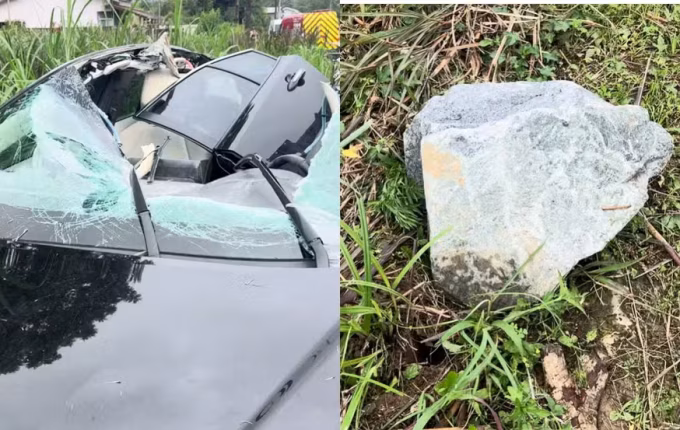 Pedra de 50 quilos cai de caminhão e deixa motorista gravemente ferida em SC